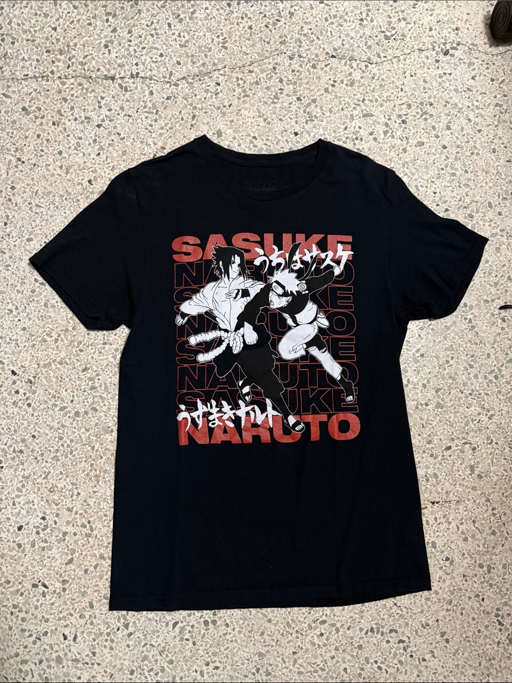 Black Naruto vs Sasuke Graphic Tee with Red Accents